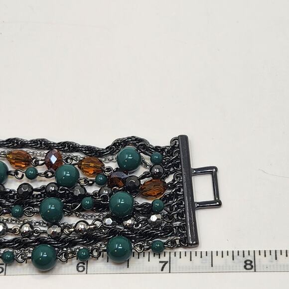Talbots Multi Chain Beaded Layered Bracelet Gunmetal Gray Teal Brown Boho Chunky - Picture 5 of 6